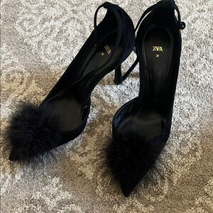 Zara black suede heels with feathers 8 or 8.5